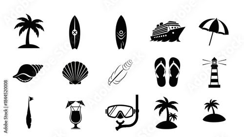 Collection of black and white summer vacation and beach-themed icons