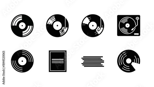 collection of black and white vinyl record icons and related graphics
