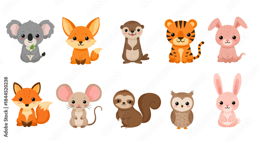 Naklejka premium A delightful set of ten adorable baby animal characters, including a fox, tiger, and rabbit, presented in a charming flat vector illustration style with a friendly design.
