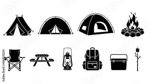 Collection of camping equipment and outdoor adventure icons for travel and leisure