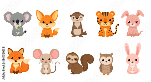 A delightful set of ten adorable baby animal characters, including a fox, tiger, and rabbit, presented in a charming flat vector illustration style with a friendly design.