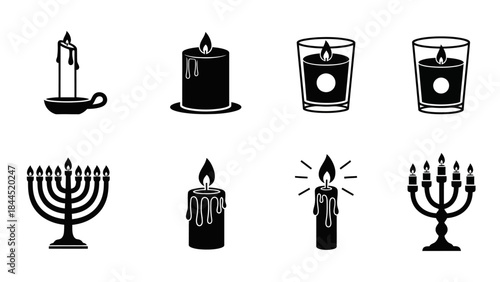 Collection of candle icons depicting various types and traditions including menorahs and votive