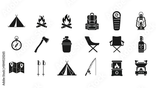 Collection of camping and outdoor adventure icons in silhouette style
