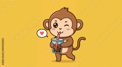 A cheerful cartoon monkey winks while sipping boba tea with a straw, set against a bright yellow background, creating a whimsical and playful illustration.