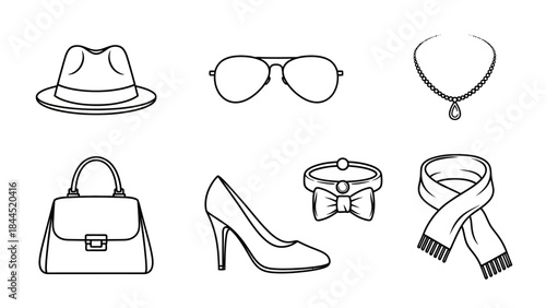 Collection of classic fashion accessories for women including hat handbag shoes necklace scarf and