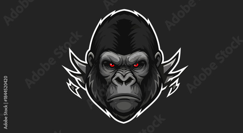 A vector illustration showcases a stylized gorilla head with striking red eyes and wing-like details, rendered in a bold, graphic style against a dark backdrop.