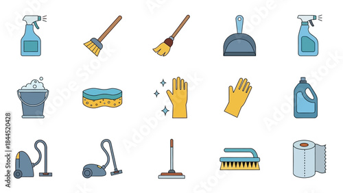 Collection of cleaning supplies icons for home maintenance and hygiene tasks