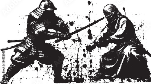 Samurai and ninja in a dynamic sword fight. Black and white vector illustration capturing action and tension in a traditional setting.