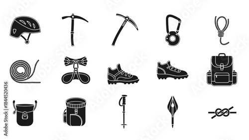 Collection of climbing and mountaineering equipment icons presented on a white background
