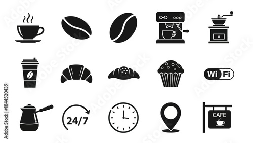 Collection of coffee shop icons representing beverages baked goods and services