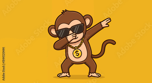 A cool cartoon monkey wearing sunglasses and a gold chain performs a dab gesture against a vibrant yellow background, perfect for fun designs.