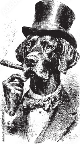 Vintage dog illustration dressed as a gentleman with a top hat and bowtie, smoking a cigar in a classic black and white vector style.