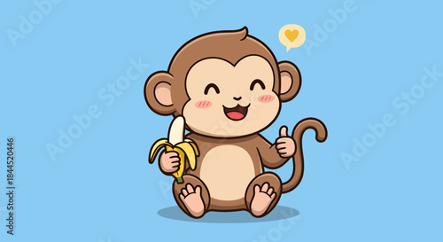 A cheerful cartoon monkey character holds a banana with a heart floating above, presented in a clean, modern vector style against a light blue background.