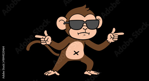A cool cartoon monkey wearing stylish sunglasses strikes a confident pose, pointing with both hands, depicted as a fun vector illustration on a black background.