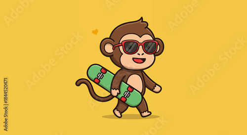 A cute cartoon monkey wearing sunglasses and holding a skateboard, walking on a yellow background.