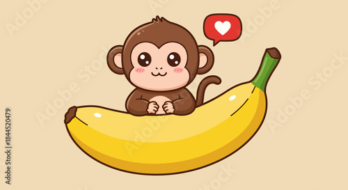 A cute cartoon baby monkey happily sitting on a large yellow banana with a heart icon above its head.