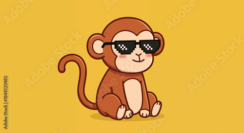 A cool cartoon monkey wearing sunglasses sits casually against a vibrant yellow background, rendered in a modern vector illustration style, ideal for various design projects.