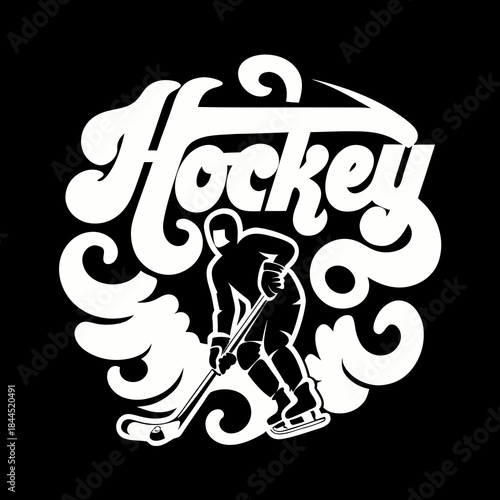 White ice hockey player silhouette with puck trail on black
