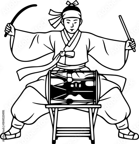 Korean Traditional Performer Playing Buk Drum While Sitting