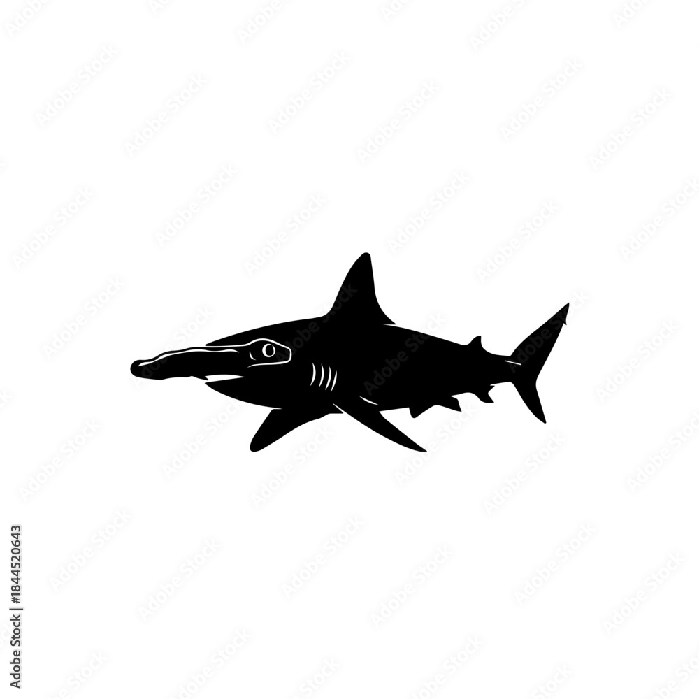 Obraz premium A black silhouette of a hammerhead shark swimming in profile, isolated on a white background.