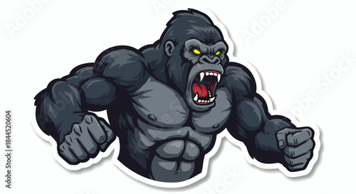 A powerful and muscular cartoon gorilla with a fierce expression, open mouth, and glowing yellow eyes, depicted as a sticker.