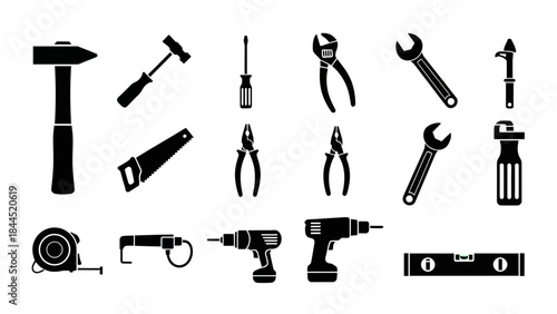 Collection of common DIY and construction tools depicted as simple black icons on a white background