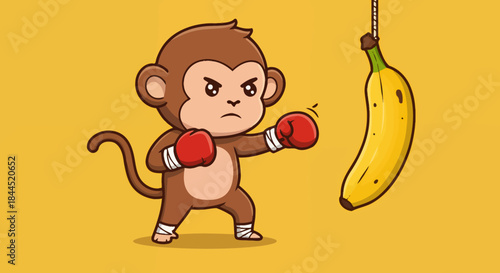 A cute cartoon monkey wearing red boxing gloves punching a yellow banana hanging from a string on a yellow background.