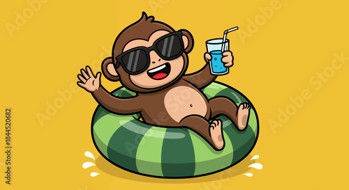 A cute cartoon monkey wearing sunglasses, relaxing in a watermelon-patterned inflatable ring, holding a refreshing blue drink with a straw on a yellow background.