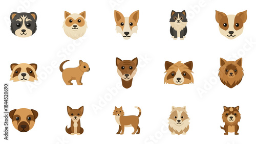 Collection of cute cartoon dog breeds and animal faces for design elements