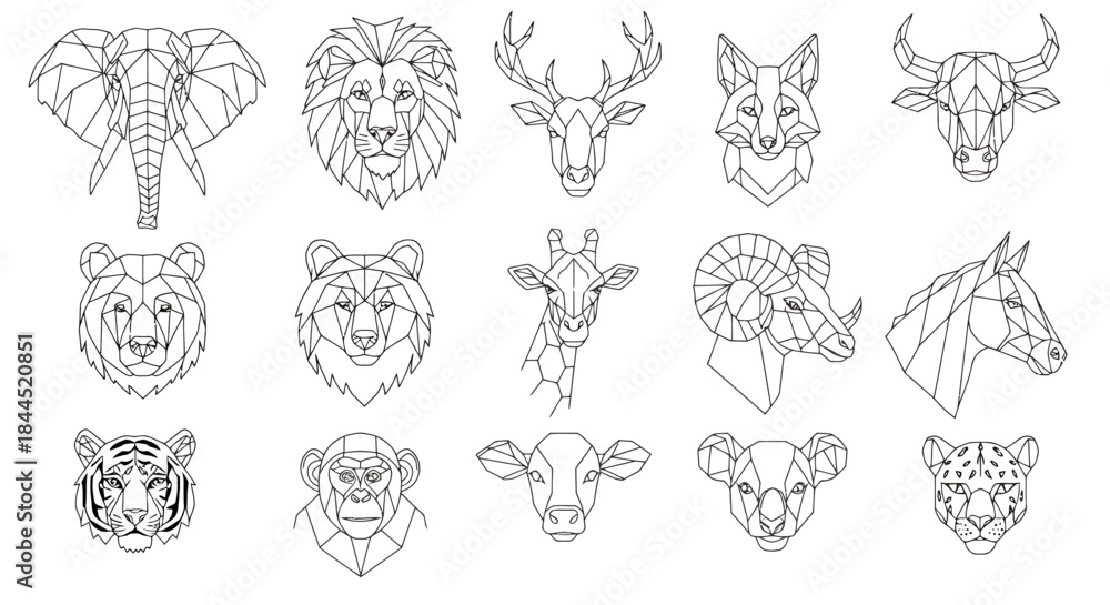 Obraz premium A collection of geometric line art animal heads and busts including an elephant, lion, deer, fox, bear, giraffe, horse, tiger, monkey, cow, koala, and leopard.