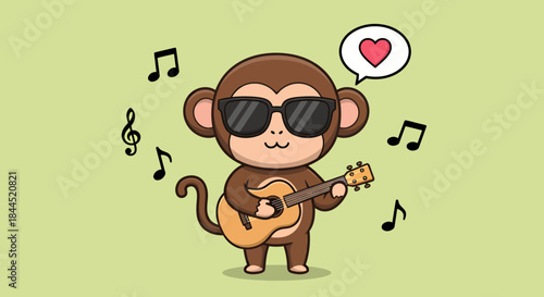 Cute cartoon monkey wearing sunglasses playing an acoustic guitar with musical notes and a heart bubble.