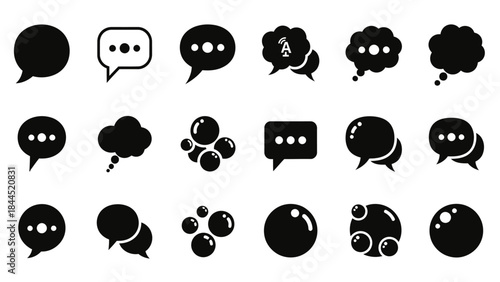 Collection of diverse black speech and thought bubble icons on a white background