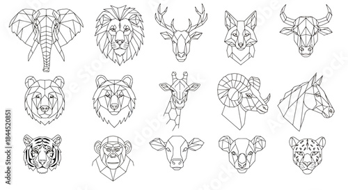 A collection of geometric line art animal heads and busts including an elephant, lion, deer, fox, bear, giraffe, horse, tiger, monkey, cow, koala, and leopard.