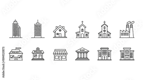 Collection of diverse building icons representing urban and community structures for graphic