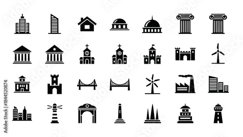 Collection of diverse building and architectural silhouette icons for design projects