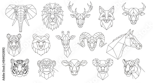 A collection of geometric line art illustrations featuring various animal heads in a low-poly style, including elephants, lions, deer, and bears.