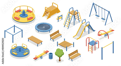 Isometric set of various playground equipment for children, including slides, swings, merry-go-rounds, see-saws, benches, and climbing frames on a white background.