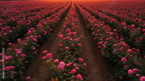 Vast field of pink roses stretching towards the horizon at sunset