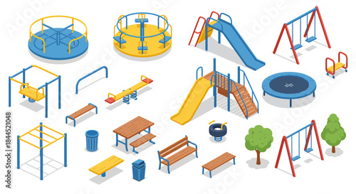 Isometric set of various playground equipment and park elements on a white background.