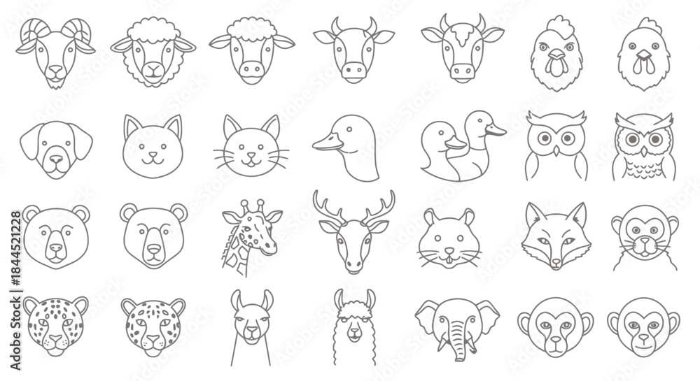 Obraz premium A collection of various animal head icons in a simple line art style, featuring farm animals, pets, and wild creatures.