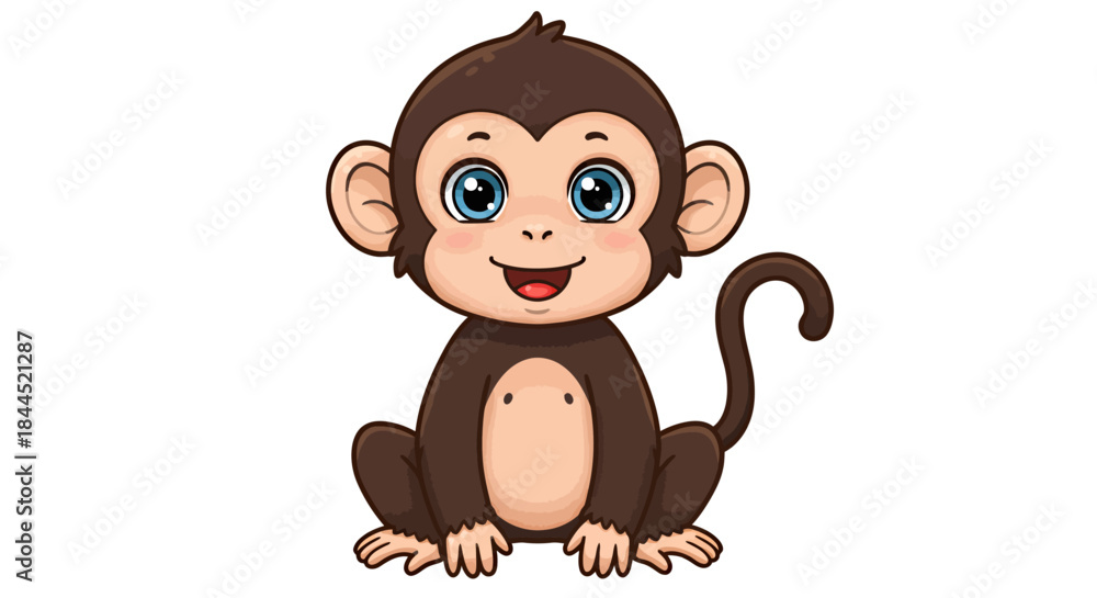 Obraz premium Cute cartoon baby monkey with big blue eyes sitting on a white background.