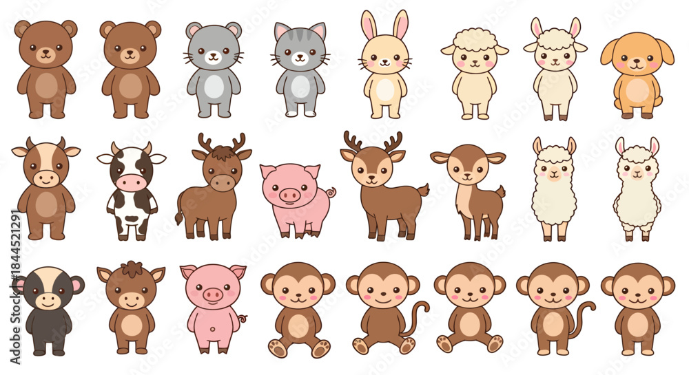 Obraz premium A large collection of cute cartoon animals in various poses, featuring bears, cats, rabbits, sheep, dogs, cows, deer, pigs, llamas, and monkeys.
