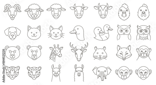 A collection of various animal head icons in a simple line art style, featuring farm animals, pets, and wild creatures.