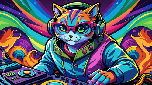 Very beautiful close-up illustration of a cool cat DJ mixing music, wearing headphones, expressive paws on turntables, vibrant pop art vector style with bold colors and playful rhythm.