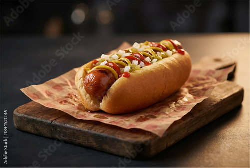 Hot dog with mustard served on a wooden board on a rustic wooden table