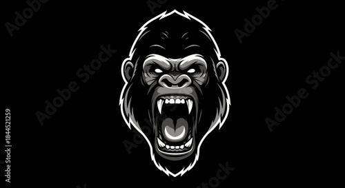 A fierce and aggressive gorilla head illustration with bared teeth and an open mouth, set against a stark black background.