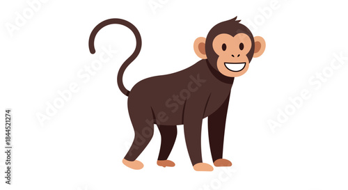 A friendly cartoon monkey with a cheerful smile is depicted in a clean, isolated vector illustration, perfect for children's designs and educational content.