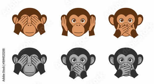 Six cartoon monkeys illustrating the 'see no evil, hear no evil, speak no evil' proverb, with both brown and grayscale versions.