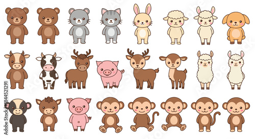 A large collection of cute cartoon animals in various poses, featuring bears, cats, rabbits, sheep, dogs, cows, deer, pigs, llamas, and monkeys.