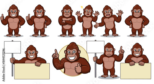 Cartoon gorilla character set with various expressions and poses, including holding blank signs.